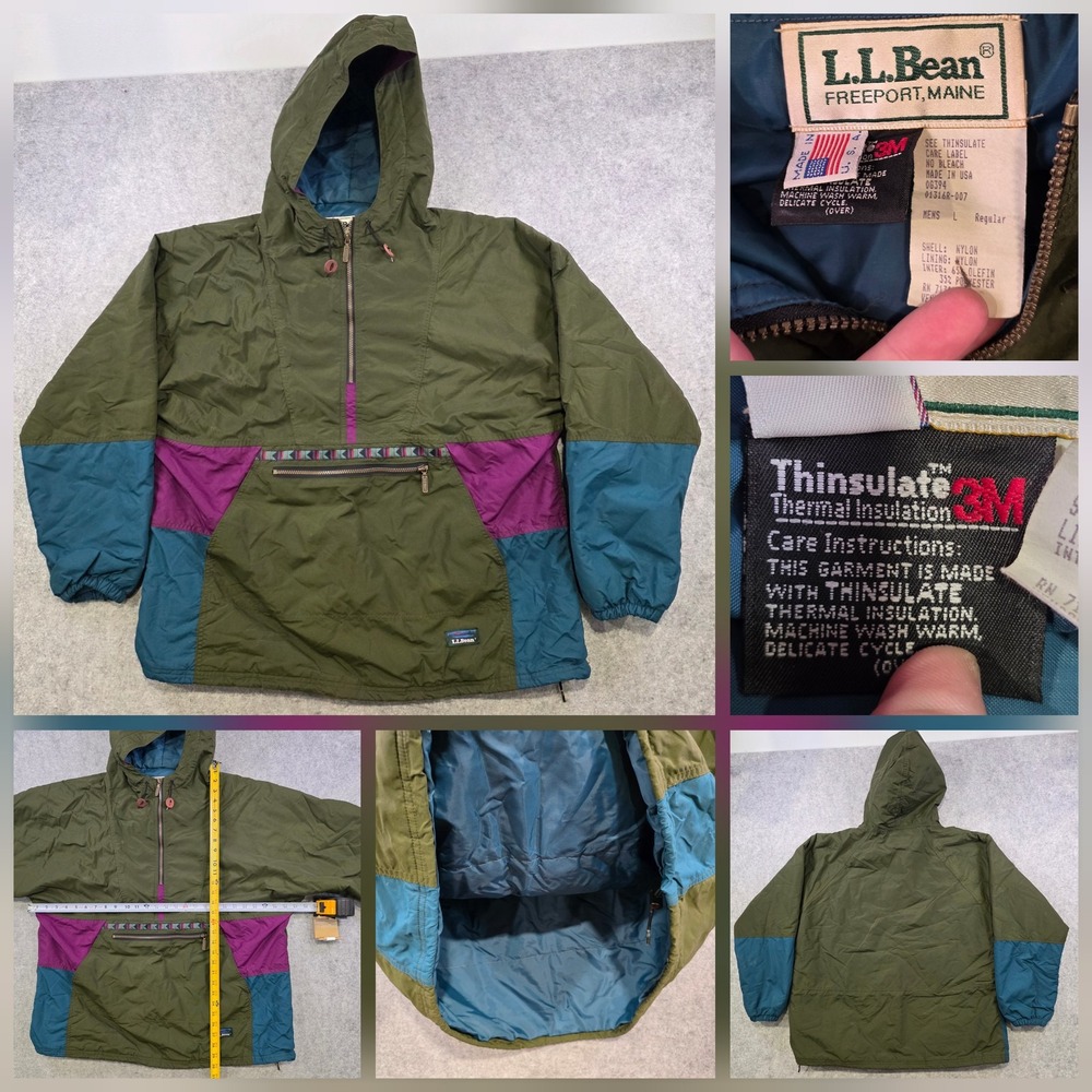 VTG LL Bean Jacket Men Large Green Colorblock Anorak Aztec Hooded Thinsulate USA
